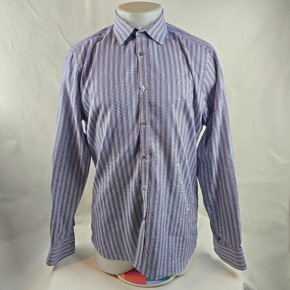 Ted Baker Archive Shirt Mens 16.5 Purple Check Geometric Button Up Dress Stripe
